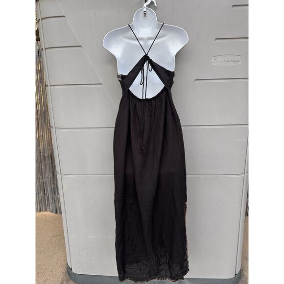 Boemo Sz S Levi’s Black Embroidered Open Back Gauze Cotton Maxi Dress Boho Beach - Picture 5 of 13